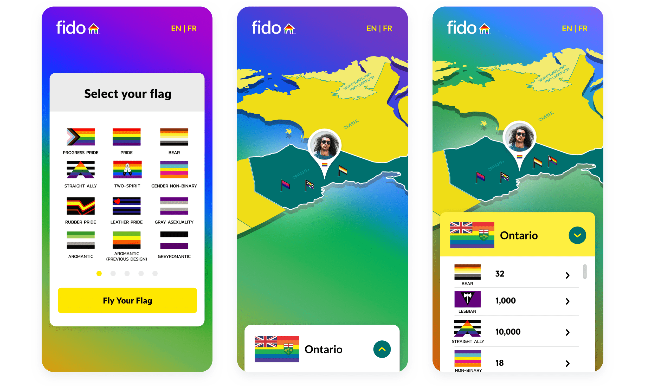 Fido Flown with Pride App Screens